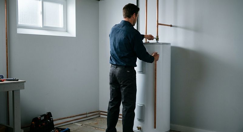 Plumber adjusting the shutoff valve on a tank water heater in a basement utility room