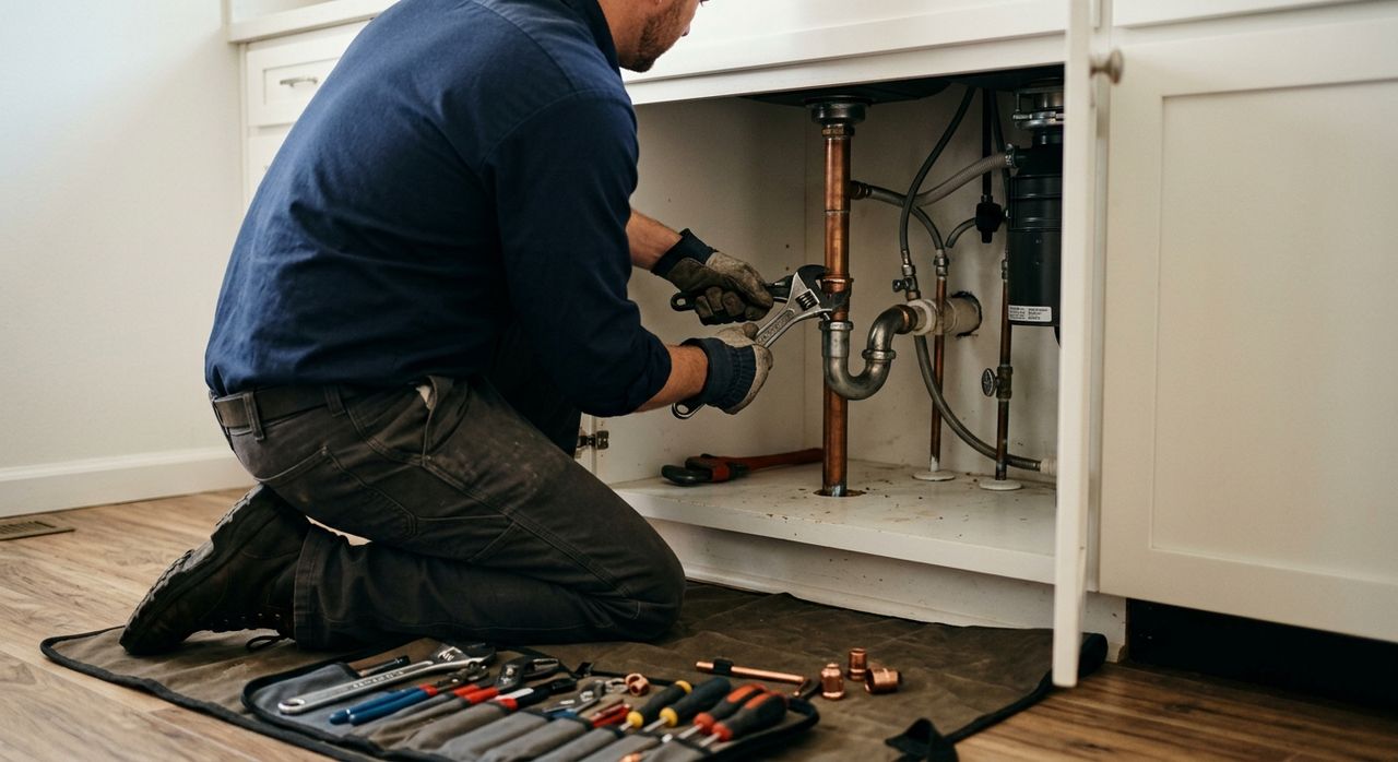 Plumber kneeling at an open kitchen cabinet, tightening a copper fitting under the sink