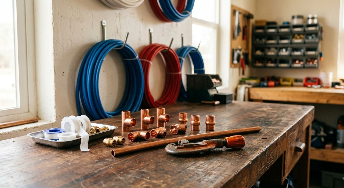 Workbench with copper fittings, a pipe cutter, and coils of PEX tubing on the wall